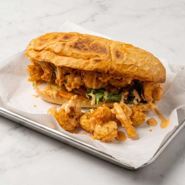 Crispy shrimp po'boy sandwich with lettuce and sauce on a metal tray with white paper.