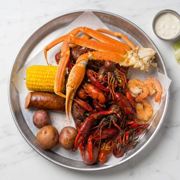 A seafood boil with crab legs, crawfish, shrimp, corn, sausage, and potatoes on a metal tray.