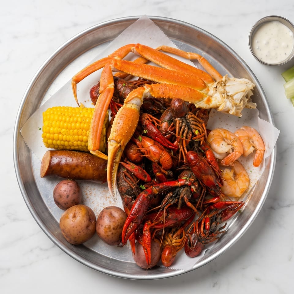 A seafood boil with crab legs, crawfish, shrimp, corn, sausage, and potatoes on a metal tray.