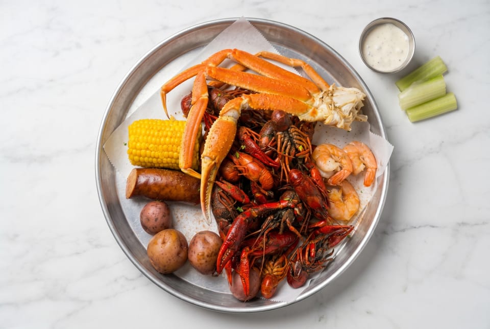 A seafood boil with crab legs, crawfish, shrimp, corn, sausage, and potatoes on a metal tray.