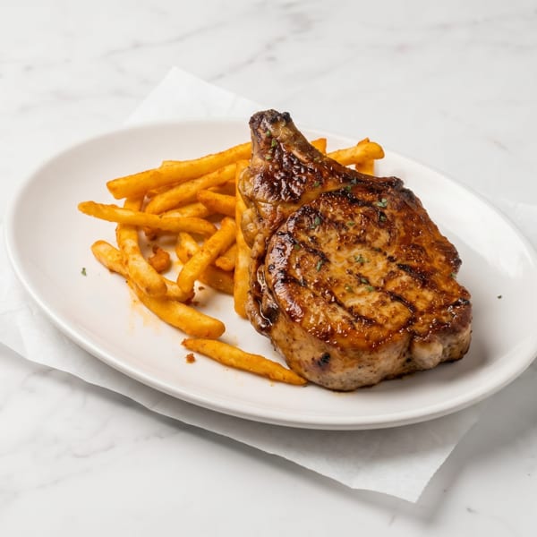 Grilled pork chop with golden-brown french fries on a white plate and marble surface.