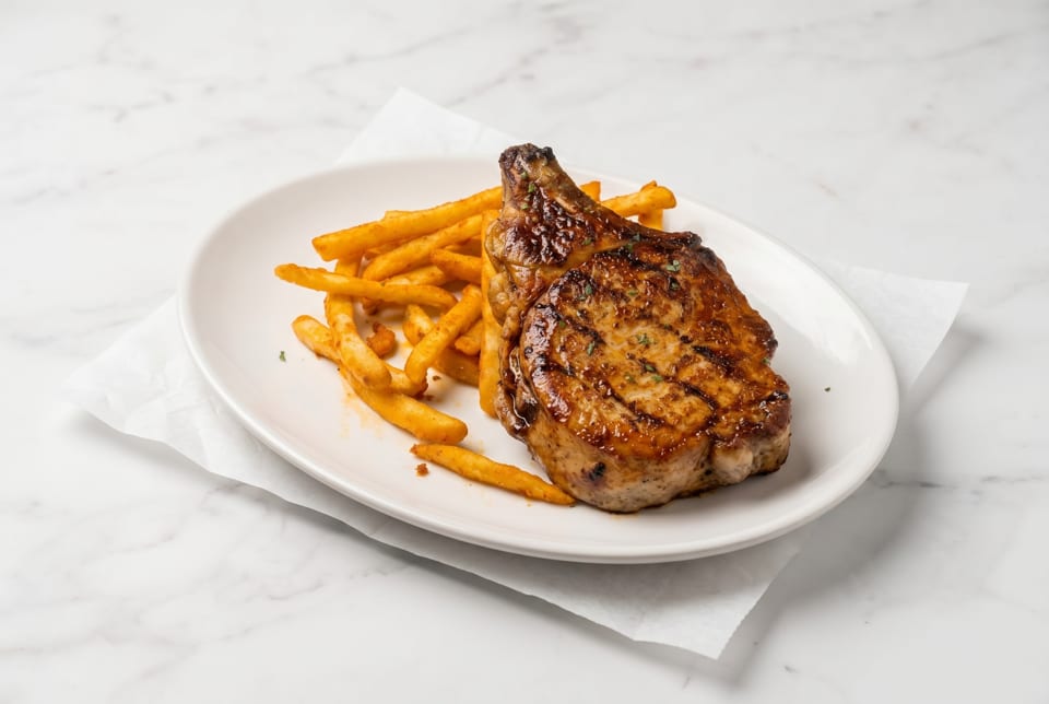 Grilled pork chop with golden-brown french fries on a white plate and marble surface.