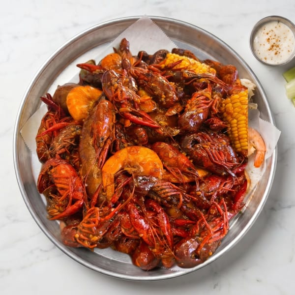 A large metal platter filled with Cajun-style crawfish, shrimp, corn on the cob, and potatoes.
