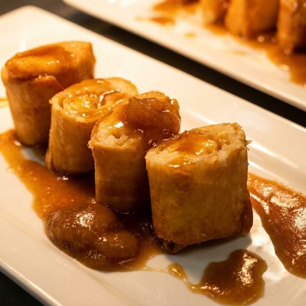 Four golden-brown dessert rolls drizzled with a rich caramel sauce on a white rectangular plate.