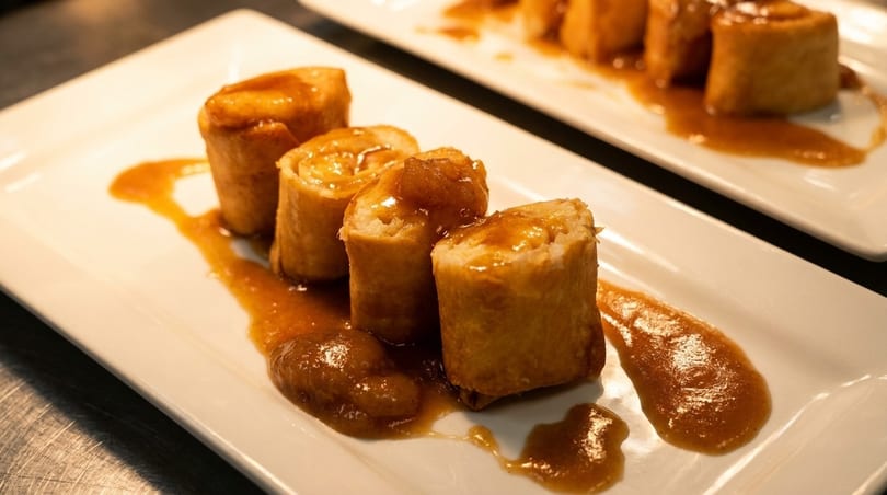 Four golden-brown dessert rolls drizzled with a rich caramel sauce on a white rectangular plate.