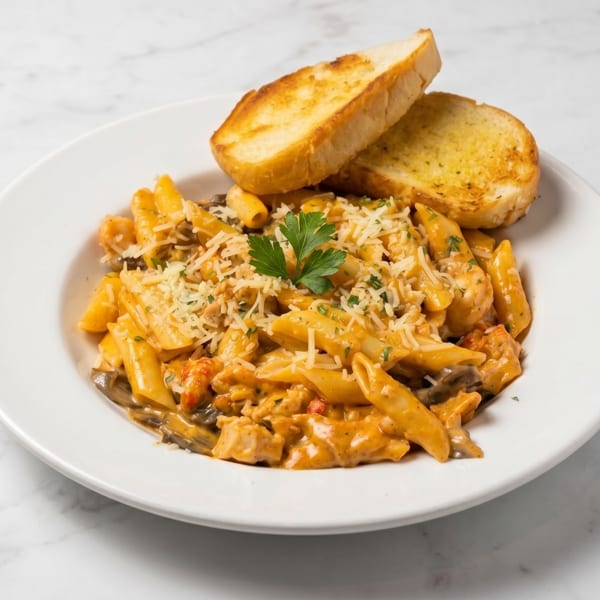 Penne pasta with creamy orange sauce, chicken, mushrooms, and two slices of garlic bread.