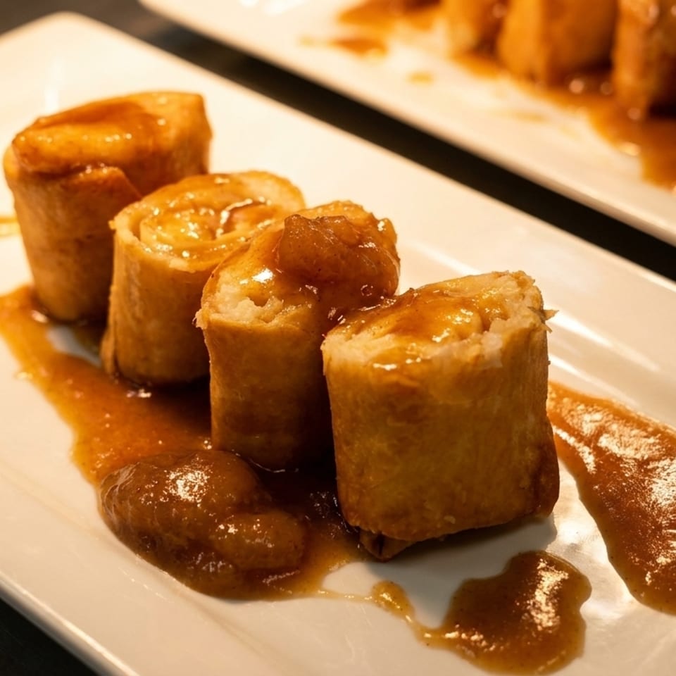 Four golden-brown dessert rolls drizzled with a rich caramel sauce on a white rectangular plate.