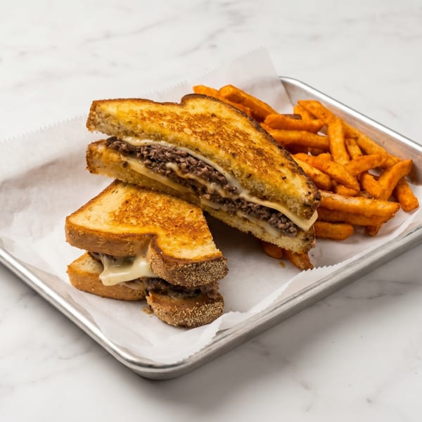 Grilled cheese sandwich with ground beef and fries on a metal tray with white paper.