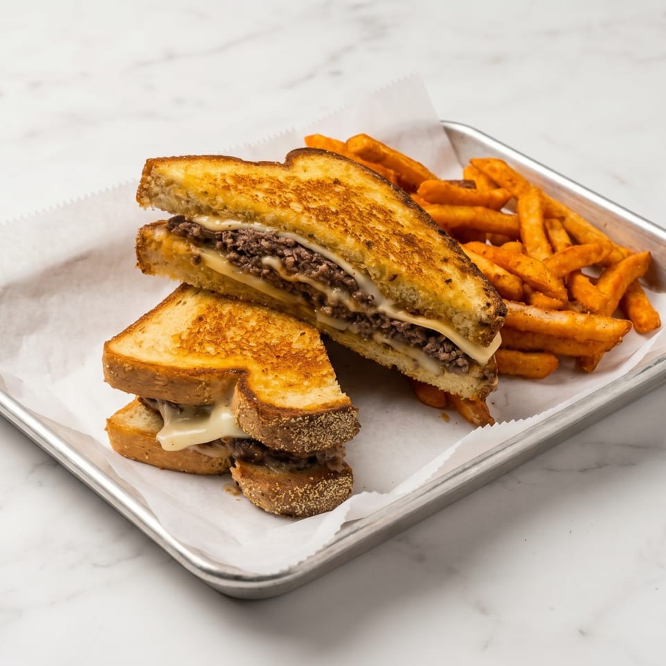 Grilled cheese sandwich with ground beef and fries on a metal tray with white paper.