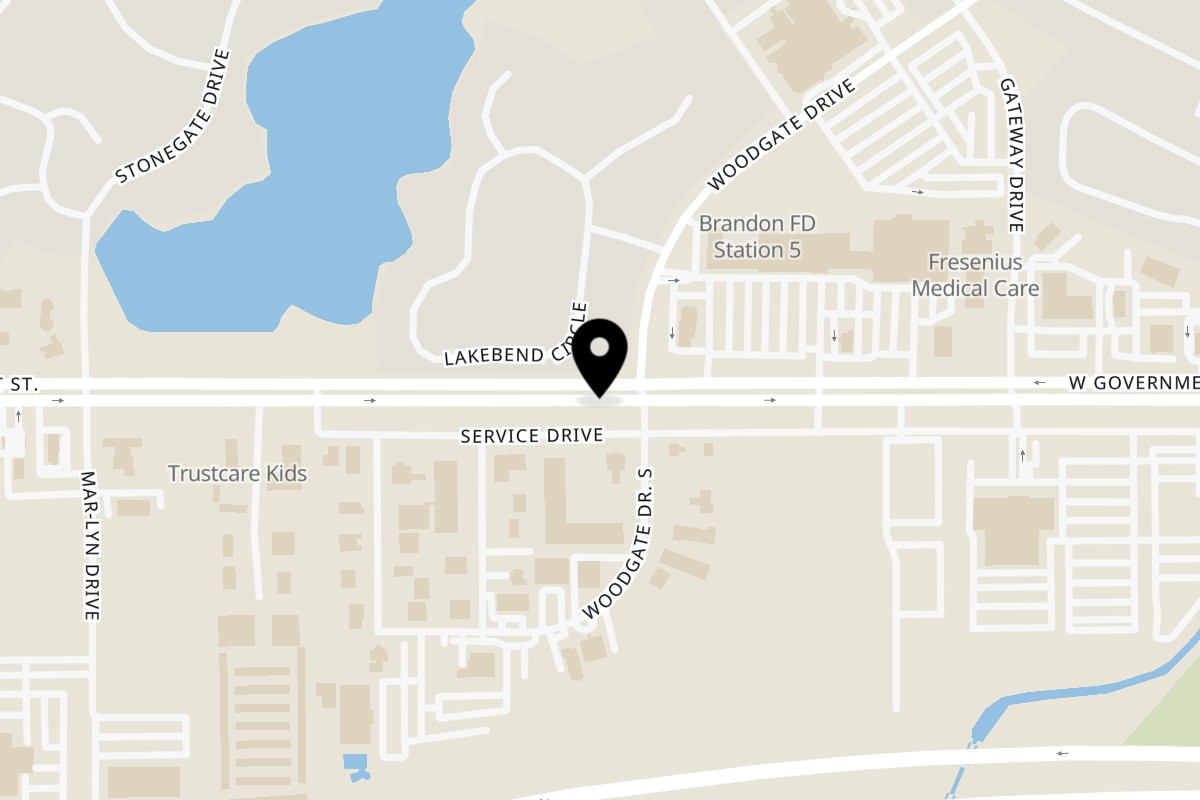 Map showing the location of Seafood Grille on 1580 W Government St in Brandon